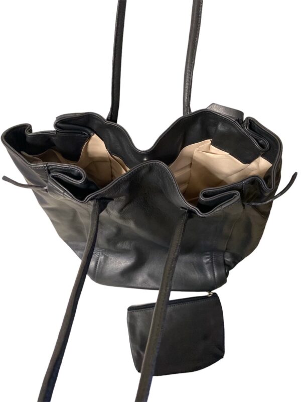 Black Full Grain Italian Leather Trapeze Tote Bag