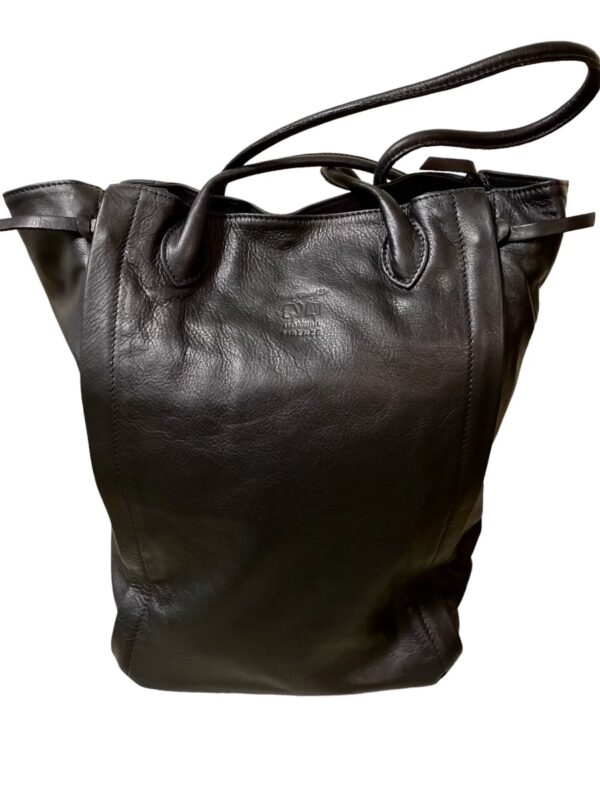 Black Full Grain Italian Leather Trapeze Tote Bag